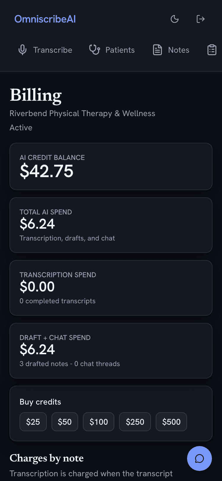 The billing and credits screen on a phone