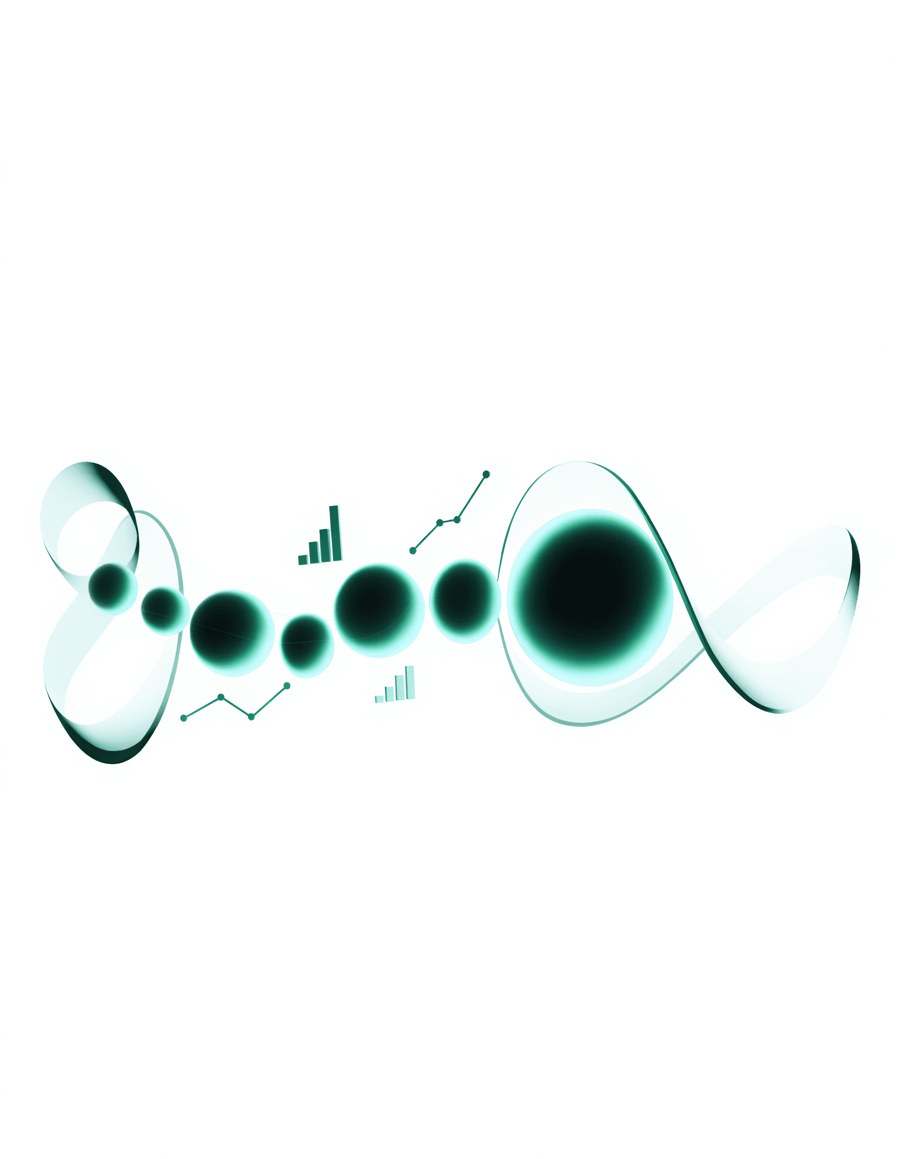 A flowing thread connecting glowing nodes along a timeline with trend graphs