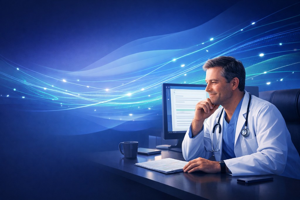 Clinician at a workstation, calm and focused, with soft digital flow representing live capture.