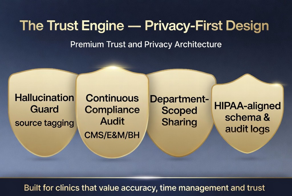 Four shields: Hallucination Guard, Continuous Compliance Audit, Department-Scoped Sharing, HIPAA-aligned Schema and Audit Logs.